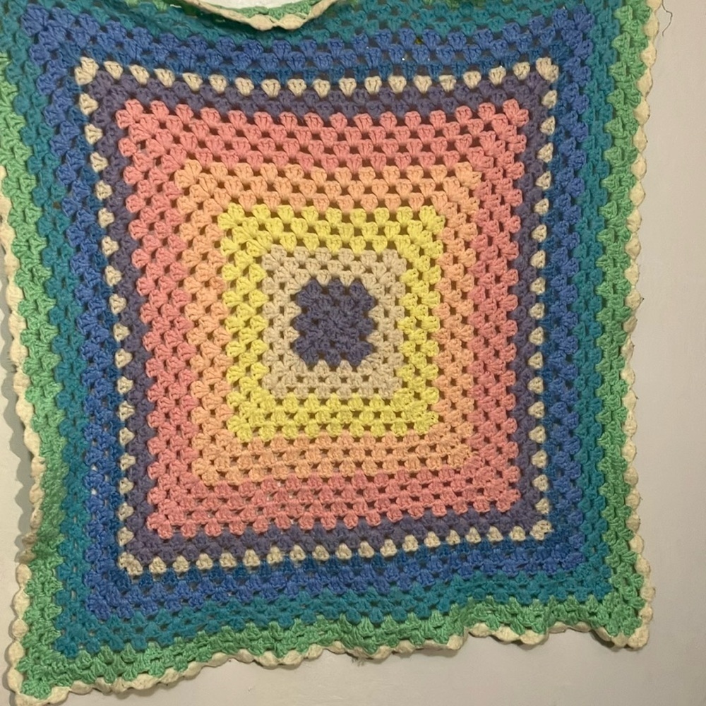 Wool crochet lap blanket in pastels 36 x 36”